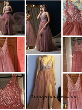 Modest Tulle Beaded V Neck Prom Dress A Line Floor Length Prom Evening Dress with Slit YSR1112