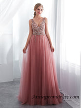 Modest Tulle Beaded V Neck Prom Dress A Line Floor Length Prom Evening Dress with Slit YSR1112