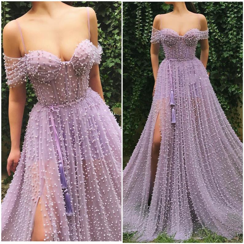 Sexy Spaghetti Straps Peal Long Prom Dress with Slit Lavender Modest Tulle Prom Evening Gown YSR213|annapromdress