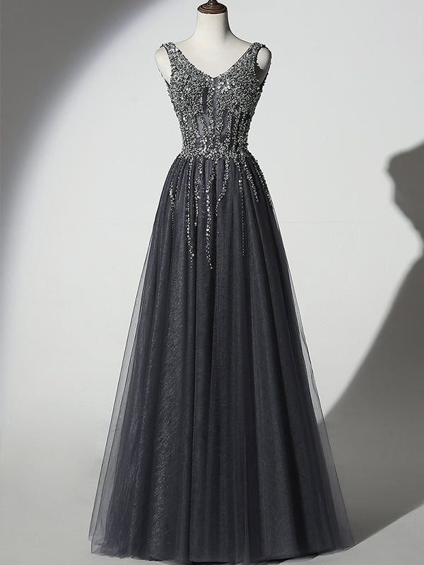Stunning Beading Long Prom Dresses with Straps A Line Floor Length Black Prom/Evening Dress YSR442|annapromdress