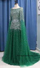 Crystal Beaded A Line Long Prom Dress Modest Tulle Arabic Prom/Evening Dress with Sleeves YSR551