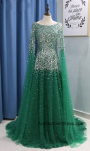 Crystal Beaded A Line Long Prom Dress Modest Tulle Arabic Prom/Evening Dress with Sleeves YSR551