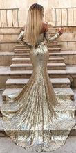 Sexy Deep V Neck Sequin Long Prom Dresses Chic Long Sleeve Gold Mermaid Prom/Evening Dress YST2901|annapromdress