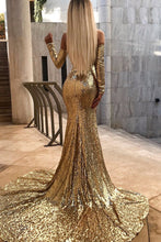 Sexy Deep V Neck Sequin Long Prom Dresses Chic Long Sleeve Gold Mermaid Prom/Evening Dress YST2901|annapromdress