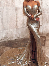 Sexy Deep V Neck Sequin Long Prom Dresses Chic Long Sleeve Gold Mermaid Prom/Evening Dress YST2901|annapromdress