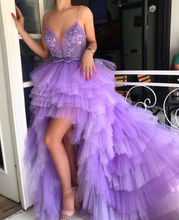 Spaghetti Straps High Low Prom Dresses Lilac V-neck Homecoming Dresses Tulle Long Prom/Evening Dress YST2902|annapromdress