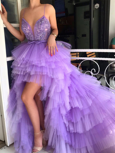 Spaghetti Straps High Low Prom Dresses Lilac V-neck Homecoming Dresses Tulle Long Prom/Evening Dress YST2902|annapromdress
