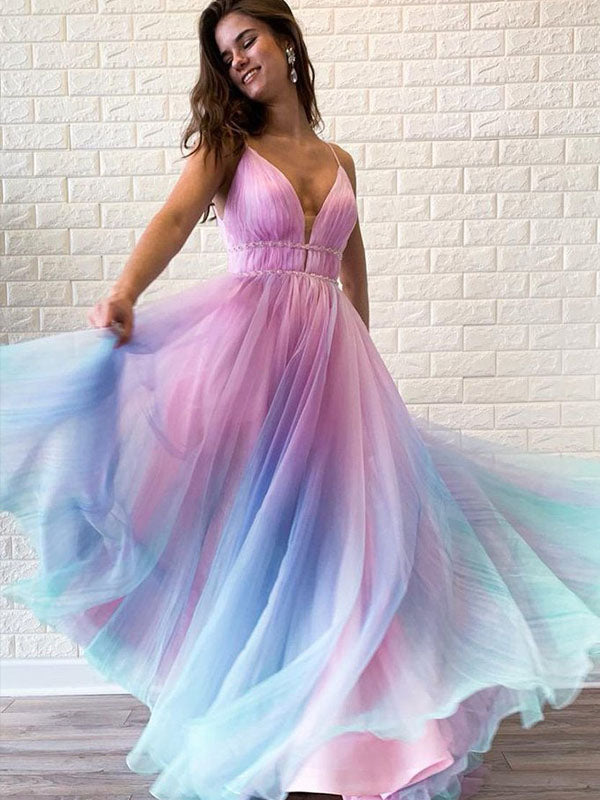 A Line Spagheeti Straps Gradient Chiffon Long Prom Dresses Floor Length Prom/Evening Dress YST2903|annapromdress