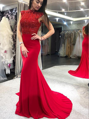 Chic High Neck Beadings Red Long Prom Dresses Backless Mermaid Prom/Evening Dress YST2904|annapromdress