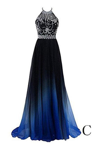 Beautiful Halter Long Blue And Black Ombre Chiffon Prom Dresses GJS163
