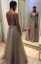 Sparkly V-neck Long Beading Tulle Modest Prom Dresses Party Dresses  GJS141