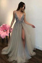 Sparkly V-neck Long Beading Tulle Modest Prom Dresses Party Dresses  GJS141