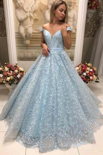 Elegant Blue Off Shoulder Lace Applique Prom Dresses Long Ball Gown NA5006