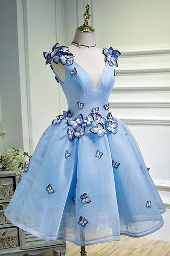 V-neck Light Blue Short Cute Homecoming Dresses With Butterflies GJS711