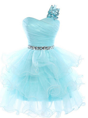 Blue A-line One Shoulder Mini Organza Homecoming Dress Short Prom Dresses SP8204