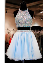 Two Piece Prom Dresses Light Sky Blue A-line Halter Short Mini Homecoming Dress SP8040