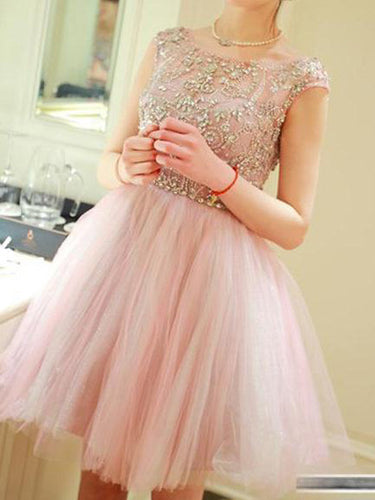pink prom dresses,Pearl Pink A-line Scoop Short Mini Tulle Homecoming Dress SP8129