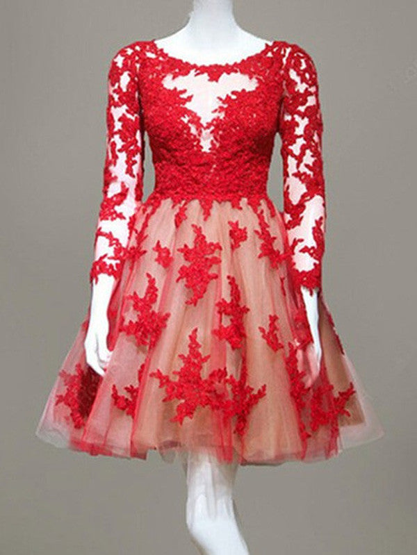 long sleeve prom dresses,Red A-line Scoop Short Mini Tulle Homecoming Dress SP8202