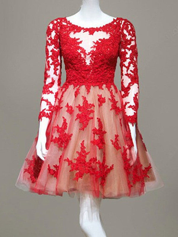 long sleeve prom dresses,Red A-line Scoop Short Mini Tulle Homecoming Anna PromDress long sleeve prom dresses,Red A-line Scoop Short Mini Tulle Homecoming Anna PromDress