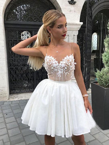 Spaghetti Straps V-neck Homecoming Dress Appliques A-line Short Prom Dress ZWP1901|Annapromdress