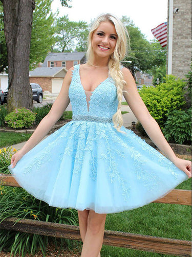 Blue Tulle Lace Appliques Short Prom Dress 2019 Open Back Homecoming Dress ZWP1902|Annapromdress