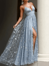A-Line Glittering Sexy V Neck Sleeveless Sequin Split Long Prom Evening Dress GJS182