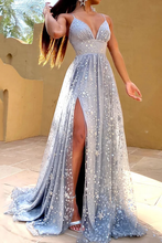 A-Line Glittering Sexy V Neck Sleeveless Sequin Split Long Prom Evening Dress GJS182