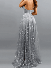 A-Line Glittering Sexy V Neck Sleeveless Sequin Split Long Prom Evening Dress GJS182
