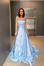 Simple A-Line Strapless Floral Appliques Satin Long Prom Dresses GJS374