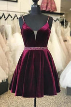 Burgundy Velvet Homecoming Dress Short Plunging V-neckline Cocktail Dress ANN5507