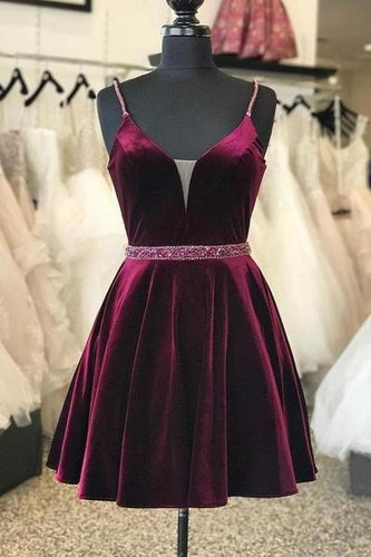 Burgundy Velvet Homecoming Dress Short Plunging V-neckline Cocktail Dress ANN5507