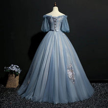 Vintage Princess Off Shoulder Dusty Blue Appliques Ball Gown Prom Dresses GJS423
