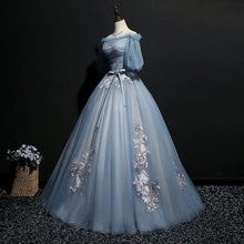 Vintage Princess Off Shoulder Dusty Blue Appliques Ball Gown Prom Dresses GJS423
