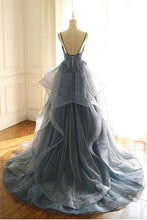 Gorgeous V Neck Spaghetti Straps Dark Blue Prom Dress With Ruffles GJS605