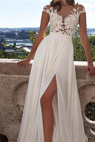 A-Line White Lace Prom Dress With Appliques, Side Slit Sexy Dress OHD271