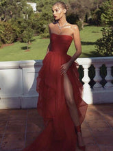 Red Tulle  Strapless Split Front Long Prom Evening Dresses GJS612