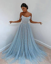 Blue Tulle Off-the-shoulder A line Long Prom Evening Dress  ZXS274