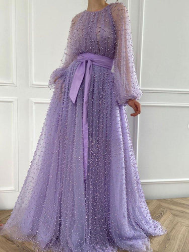 Purple Round Neck Tulle Beads A line Long Prom Evening Dress GJS275