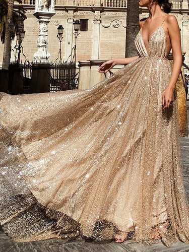 Gold Sequin Spaghetti Strap Backless Shiny A line Prom Dresses GJS276
