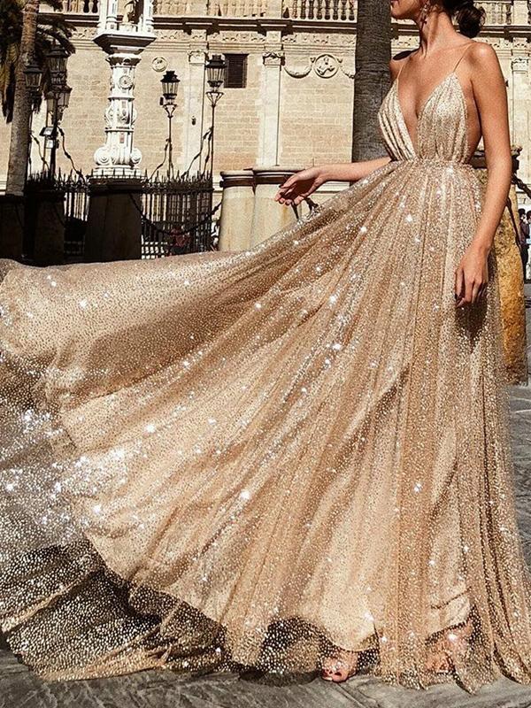 gold shiny prom dresses Sequin Spaghetti Strap Backless A line GJS276 – Anna PromDress Color:#5 pink Dress Up 2000s Games grazing effect small-item