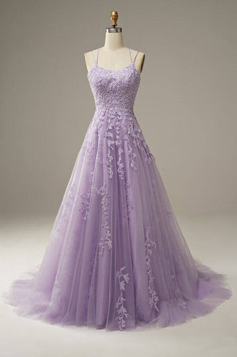 Lilac A Line Tulle Lace Appliques Long Prom Dress with Straps GJS203