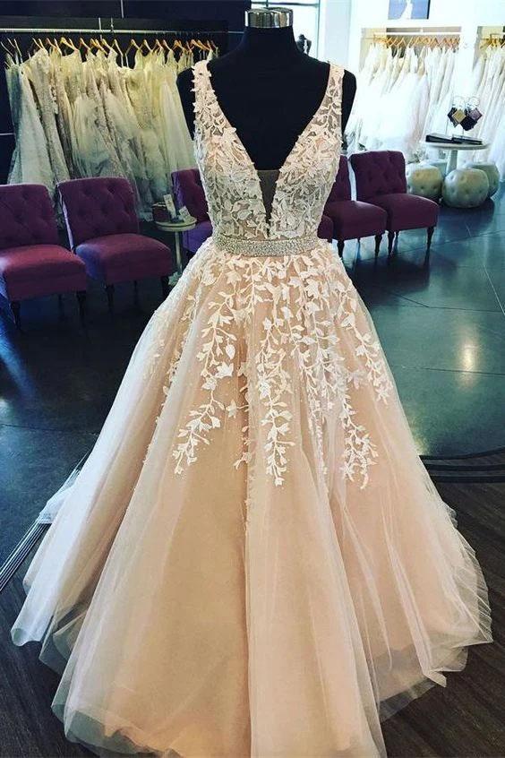 Elegant V-neck A-line Appliques Long Prom Dress,PD37661 main image 0