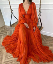 Long Sleeves Rustic Dress, Orange Tulle Dress, Simple Prom Evening Dress GJS310