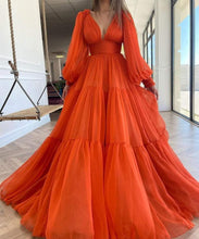 Long Sleeves Rustic Dress, Orange Tulle Dress, Simple Prom Evening Dress GJS310