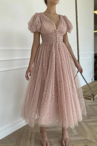 Pink V neck Starry Tulle A line short sleeve Long Prom Party Dress GJS330