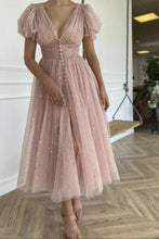 Pink V neck Starry Tulle A line short sleeve Long Prom Party Dress GJS330