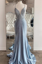 Stunning Mermaid Silver Deep V Blue Long Prom Evening Formal Dress  GJS189