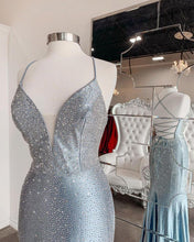 Stunning Mermaid Silver Deep V Blue Long Prom Evening Formal Dress  GJS189