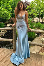 Stunning Mermaid Silver Deep V Blue Long Prom Evening Formal Dress  GJS189