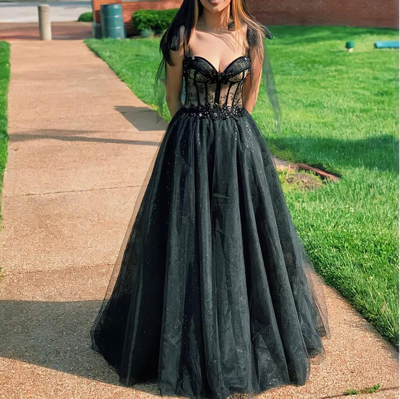 Starry Mesh Tulle Black Fairy V Neck A line Long Prom Dress GJS329 Anna PromDress Starry Mesh Tulle Black Fairy V Neck A line Long Prom Dress GJS329 Anna PromDress